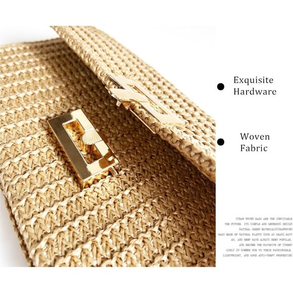 Apricot Summer Straw Clutch Women's Rattan Beach Bag with Snap Closure - Picture 7 of 8